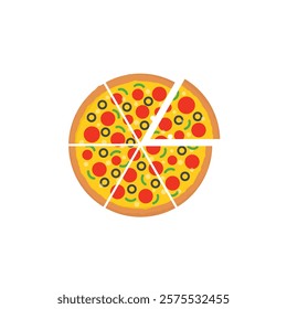 Whole pepperoni pizza pie with loose slice icon for food apps and web