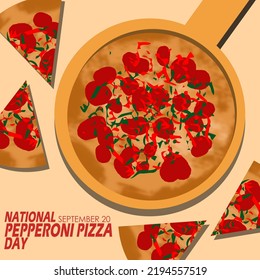 Whole pepperoni pizza served on a wooden plate with pizza slices with bold text on light brown background to celebrate National Pepperoni Pizza Day on September 20