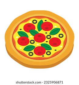 Whole Pepperoni Pizza.Pizza with tomatoes, cheese and olives, icon isolated on white background.Vector illustration.