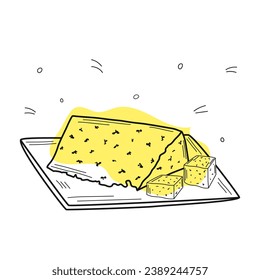 A whole piece of blue cheese on a cutting board. Vector illustration in hand drawn doodle style. Dairy products. Stinky cheese. Nutrition concept. Kitchen image.
