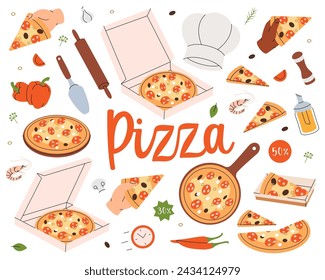 Whole and pieces italian pizza. Restaurant cafe menu. Traditional italian fast food. Vector illustration.