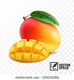  Whole and pieces mango fruit with leaf, 3D realistic isolated vector, editable handmade mesh