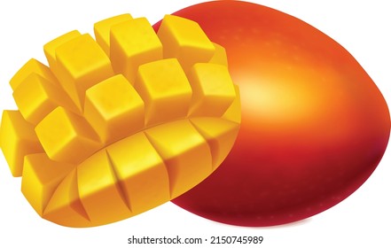 Whole and pieces mango fruit with leaf, 3D realistic isolated vector, editable handmade mesh, ripe mango isolated on a white background with a clipping path. two whole mangoes 