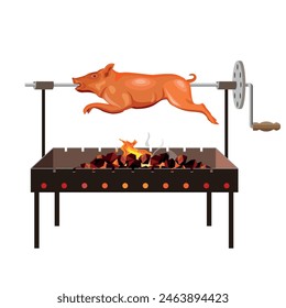 Whole pig roasted on a barbecue spit. Meat cooked on a wood fire grill. Vector illustration isolated on a white background