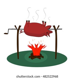 A whole pig is roasting over a fire on a rotisserie on bonfire with firewood on white background. Vector isolated drawing. Illustration in flat style.