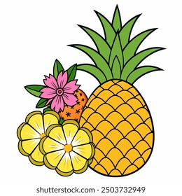 whole pineapple and cut in half with tropical flower