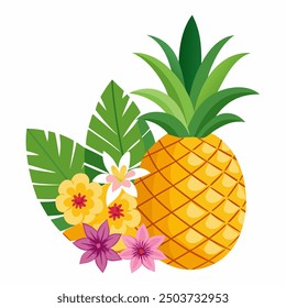 whole pineapple and cut in half with tropical flower