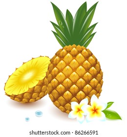 whole pineapple and cut in half, with tropical flowers