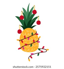 A whole pineapple is decorated with a garland and Christmas tree toys for Christmas and New Year. A tropical vacation during the winter holidays. The fruit is decorated like a Christmas tree.