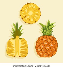 Una piña entera, la mitad, y una pieza redonda de piña. Frutos tropicales maduros. La comida de verano. Iconos de comida en el vector.