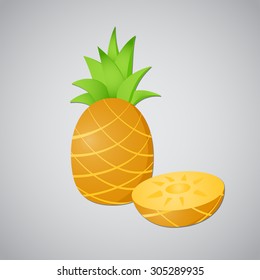 Whole pineapple with leaf and with sliced lobule
