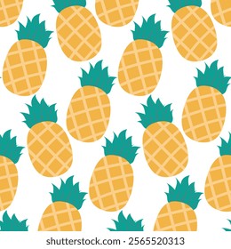 Whole Pineapple with leaves Seamless pattern in trendy minimalism Tropical colorful background idea