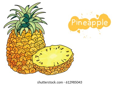 a whole pineapple with leaves, and a slice of pineapple.