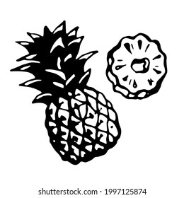 Whole pineapple and a piece. Vector, black, isolated