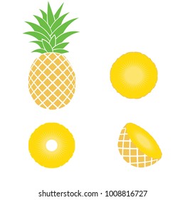 Whole pineapple with round slices isolated on white background. Vector illustration.