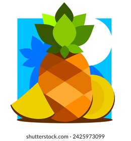 Whole pineapple with round slices and piece isolated on white background. Vector illustration.