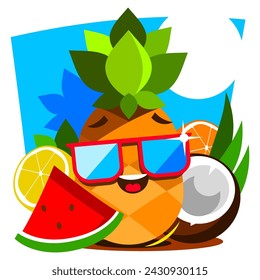 Whole pineapple with round slices and piece isolated on white background. Vector illustration.