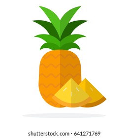 Whole pineapple and pineapple segments vertically vector flat material design isolated on white