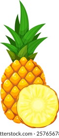 Whole pineapple with sliced part showing the inside, isolated on white background, ideal for illustrating healthy eating habits or tropical locations