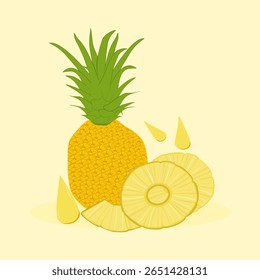 Abacaxi inteiro e fatiado.Fruta tropical fresca, corte Vetor de abacaxi para têxtil, papel de parede de presente, impressão, Design de tecido.