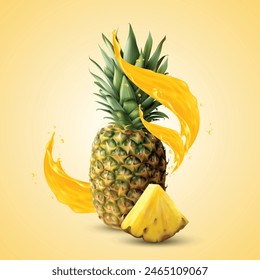 Ganze Ananas und Scheiben isoliert auf weißem Hintergrund. Vektorillustration