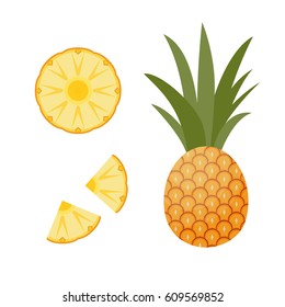 Whole Pineapple And Slices. Vector Flat Illustration.