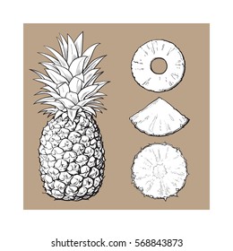 Whole pineapple and three types of slices - round peeled, unpeeled, wedge, sketch style vector illustration isolated on brown background. Realistic hand drawing of whole and sliced pineapple