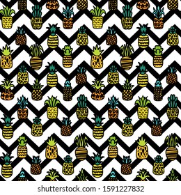Whole pineapples vector seamless pattern. Summer juicy fruits, tropical wallpaper, textile design with zig zag background