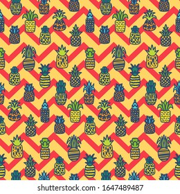 Whole pineapples vector seamless pattern. Summer juicy fruits, tropical wallpaper, textile design with zig zag background