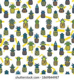 Whole pineapples vector seamless pattern. Summer juicy fruits, tropical wallpaper, textile design with memphis background