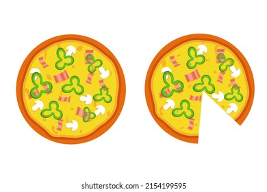 Whole pizza with bacon topping. Fast Food Illustration