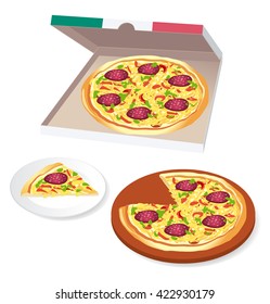 Whole pizza in cardboard and pizza slices. Vector illustration