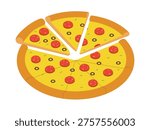 A whole pizza cut into eighths, side view. Flat color vector illustration isolated on a white background
