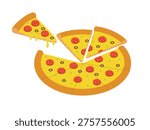 A whole pizza cut into eighths, side view. Flat color vector illustration isolated on a white background