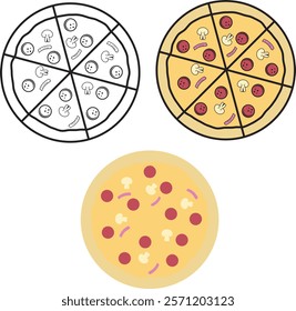 Whole pizza cut into slices with pepperoni, mushrooms and onions. Isolated vector illustration.	