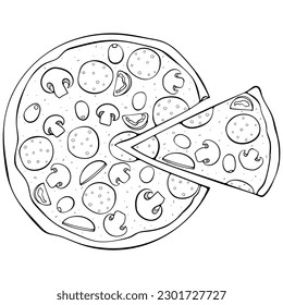 Whole Pizza with cut piece. Traditional Italian food with mushrooms, sausage. Vector illustration in hand drawn sketch doodle style. Line art fact food isolated on white. Design for coloring book