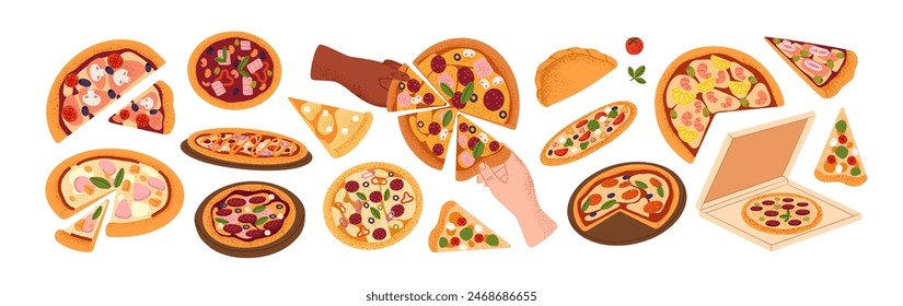 Pizza entera y sus rodajas cortadas. Trozos triangulares de margarita, pepperoni con queso, champiñones, tomate. Comida tradicional italiana, cocina. Ilustraciones vectoriales aisladas planas sobre fondo blanco