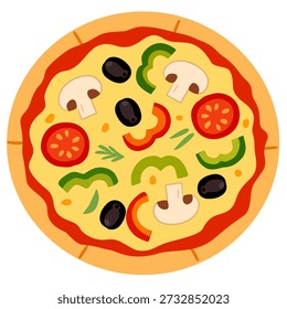 Pizza entera en estilo plano lindo para el tema de la comida italiana. Ideal para diseños de menú, carteles, marcas de alimentos e ilustraciones.