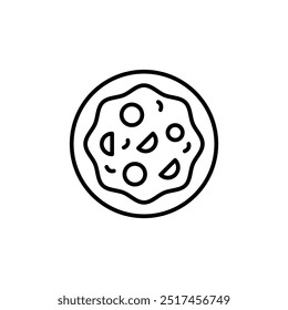 Ganzes Pizzasymbol. Ein minimalistisches Umrissdesign, das eine ganze Pizza mit verschiedenen Belägen darstellt. Ideal für den Einsatz in kulinarischen Projekten, Restaurant-Branding und lebensmittelbezogenen Designs. Vektorgrafik