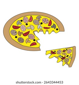 Whole pizza icon. Sliced piece vector. Topping food shape. Cheese tomato pepperoni.