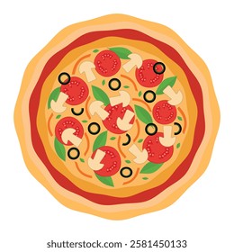 A whole pizza icon. Top view of pizza. Pizza with mushrooms, tomatoes, peppers and herbs. Isolated vector illustration.