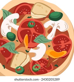 Pizza entera en ilustración completa con queso brie, rebozuelos, setas, champiñones, tomatores. Plato de comida italiana con corteza gruesa. Ilustración de vista superior de vector dibujado a mano de color.Vector plano