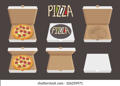The whole pizza in the opened and closed cardboard box. Vector flat illustration isolated on black background. Hand drawn design element for label and poster