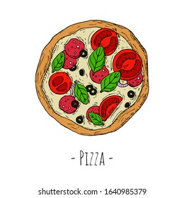 Whole pizza with pepperoni, tomatoes, spinach leaves and olives. Top view. Hand-drawn style. Vector cartoon illustration. Isolated objects on a white background.