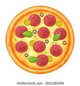 Whole pizza pepperoni. Top view. Vector color flat illustration for poster, label, box and menu fast food. Isolated on white background