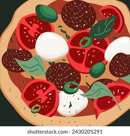 Whole pizza with pepperoni,sausage, salami, mozzarella , cheeses, tomatores.Italian food dish with thick crust.Colored hand-drawn vector top view illustration.Banner, Flat Vector