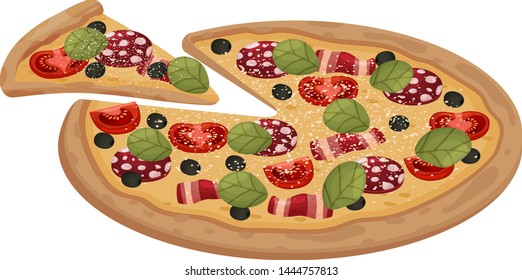 Whole pizza with salami and bacon. Vector illustration on white background.