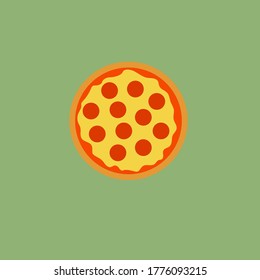 Whole pizza with salami, red sauce and cheese isolated on green background. Food delivery, pizza delivery, ingridient, ordering pizza, pizza icon simple, flat design. Vector illustration.