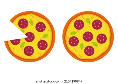 Whole pizza with salami toppings. Fast Food Illustration
