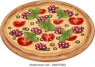 Whole pizza with salami. Vector illustration on white background.